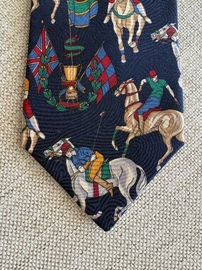 Vintage Tie Rack Equestrian Polo Silk Tie • Horse & Trophy Print • Navy Preppy